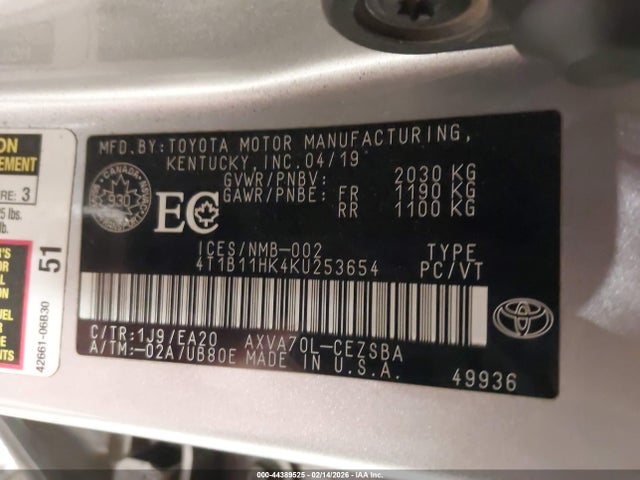 4T1B11HK4KU253654 Toyota CAMRY SE