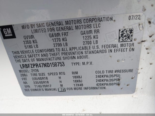 44389702 :رقم المزاد ، LRBFZPR47ND158753 vin ، 2022 Buick Envision Awd Essence مزاد بيع