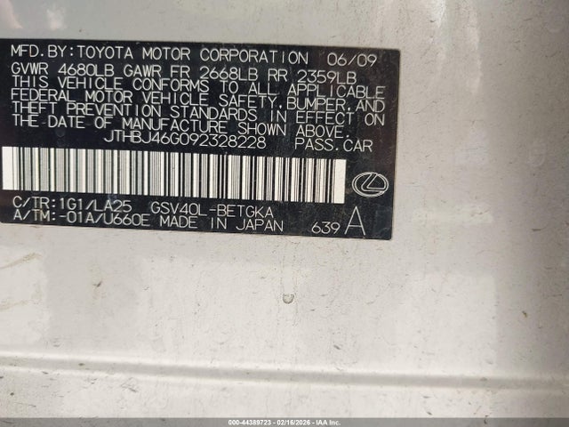 2009 Lexus Es 350 მანქანა იყიდება აუქციონზე, vin: JTHBJ46G092328228, აუქციონის ნომერი: 44389723