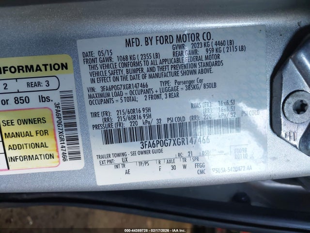 2016 Ford Fusion S მანქანა იყიდება აუქციონზე, vin: 3FA6P0G7XGR147466, აუქციონის ნომერი: 44389728