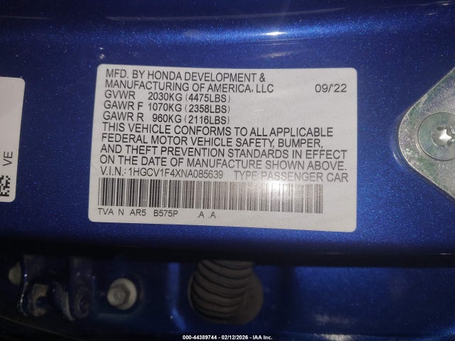 2022 HONDA ACCORD 1HGCV1F4XNA085639 Photo 8