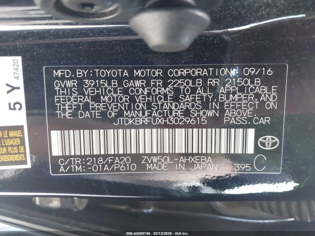 JTDKBRFUXH3029615 Toyota Prius Two