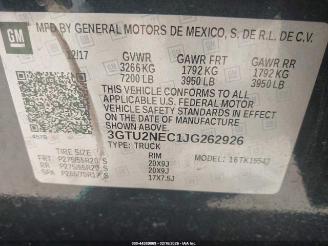 2018 Gmc Sierra 1500 Slt მანქანა იყიდება აუქციონზე, vin: 3GTU2NEC1JG262926, აუქციონის ნომერი: 44389869