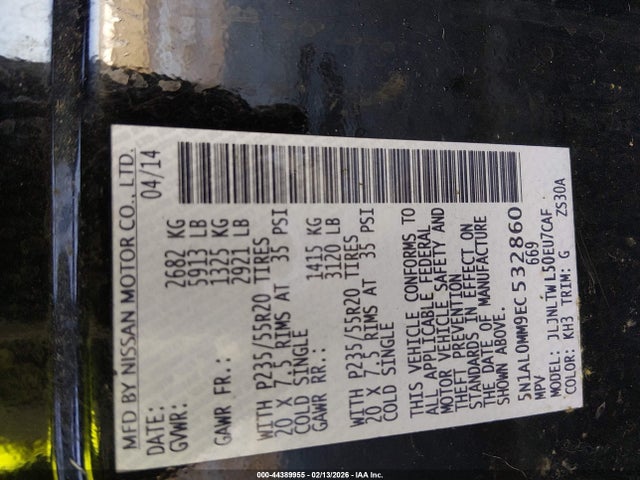 44389955 :رقم المزاد ، 5N1AL0MM9EC532860 vin ، 2014 Infiniti Qx60 مزاد بيع