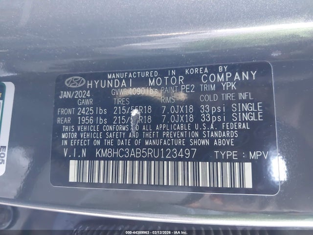 44389963 :رقم المزاد ، KM8HC3AB5RU123497 vin ، 2024 Hyundai Kona Sel مزاد بيع