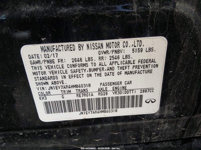 2017 Infiniti Q50 3.0t Premium მანქანა იყიდება აუქციონზე, vin: JN1EV7AR4HM840318, აუქციონის ნომერი: 44389992