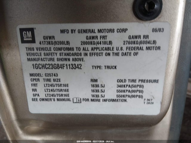 Auction sale of the 2004 Chevrolet Silverado 2500hd Ls, vin: 1GCHC23G84F113342, lot number: 44390006
