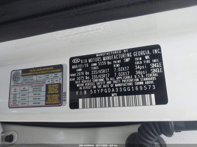 Aukcja sprzedaży 2016 Kia Sorento 2.4l Lx, vin: 5XYPGDA33GG169573, numer aukcji: 44390048