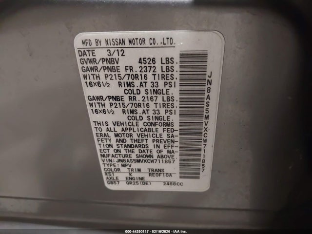 Aukcja sprzedaży 2012 Nissan Rogue S, vin: JN8AS5MVXCW711857, numer aukcji: 44390117