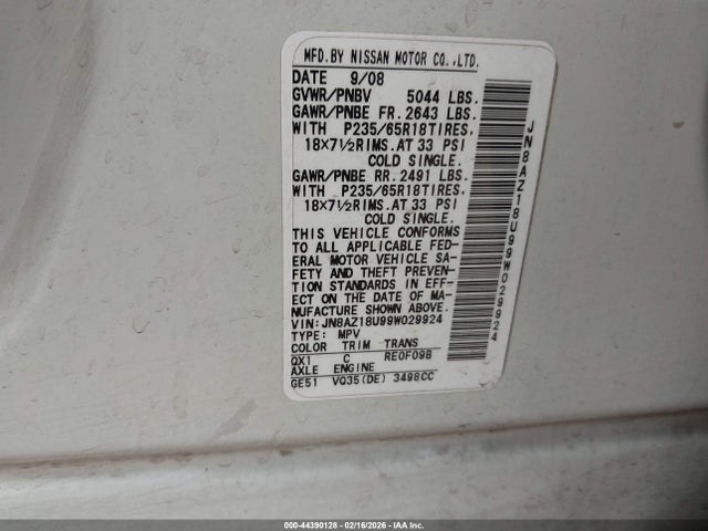 Продаж на аукціоні авто 2009 Nissan Murano S, vin: JN8AZ18U99W029924, номер лоту: 44390128