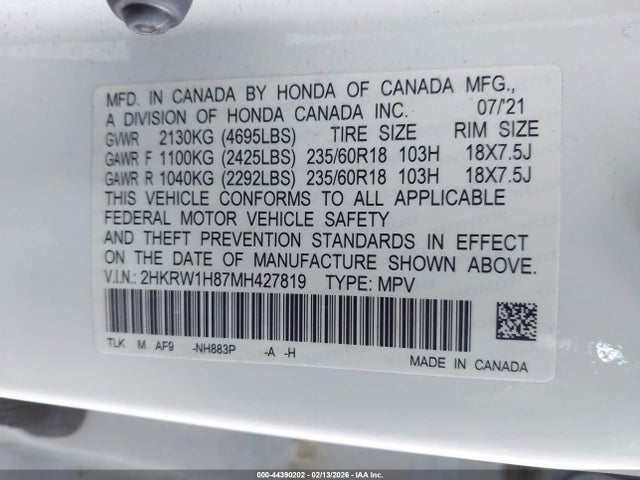 2HKRW1H87MH427819 Honda Cr-v 2wd Ex-l