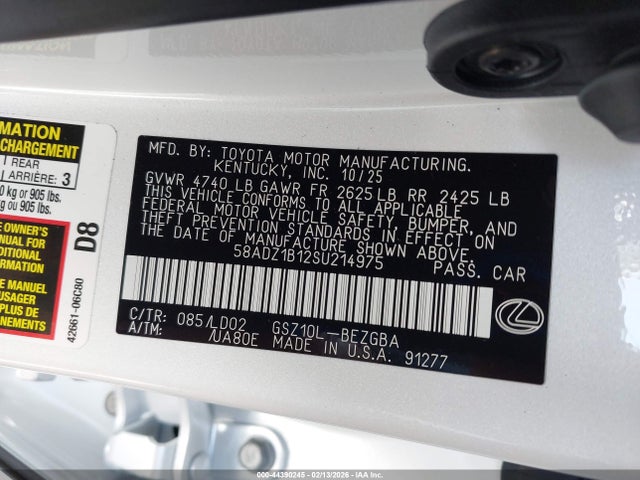 Aukcja sprzedaży 2025 Lexus Es 350, vin: 58ADZ1B12SU214975, numer aukcji: 44390245