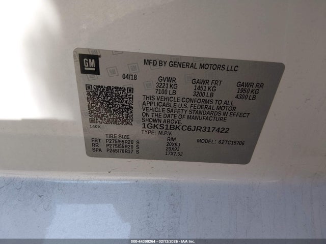 44390264 :رقم المزاد ، 1GKS1BKC6JR317422 vin ، 2018 Gmc Yukon Slt مزاد بيع