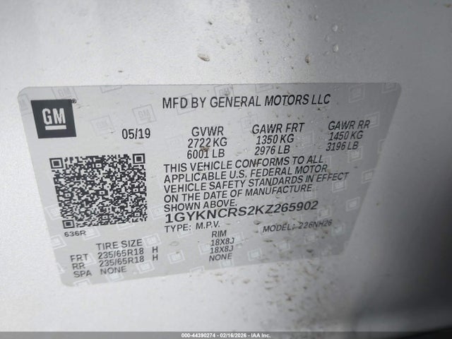 44390274 :رقم المزاد ، 1GYKNCRS2KZ265902 vin ، 2019 Cadillac Xt5 Luxury مزاد بيع