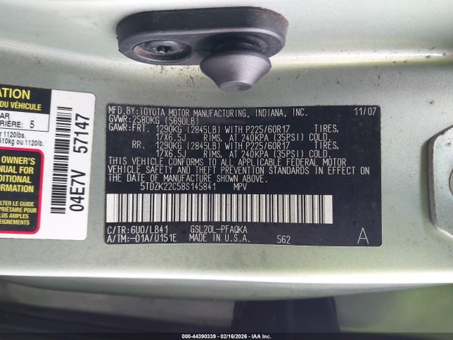 44390339 :رقم المزاد ، 5TDZK22C58S145841 vin ، 2008 Toyota Sienna Xle مزاد بيع
