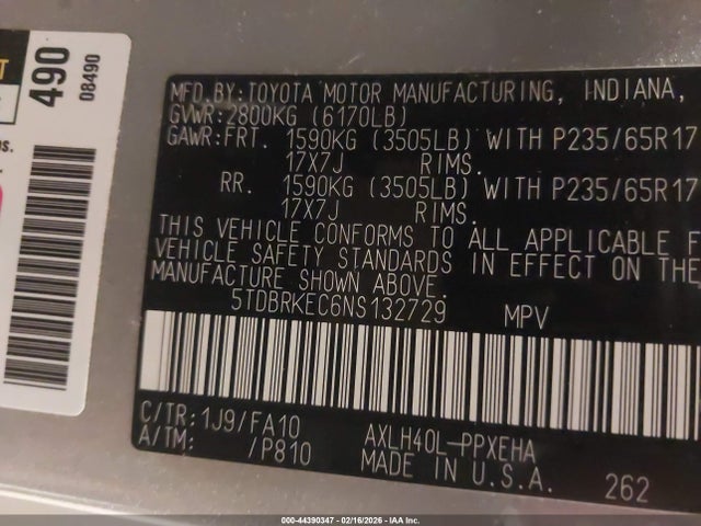 5TDBRKEC6NS132729 Toyota SIENNA LE