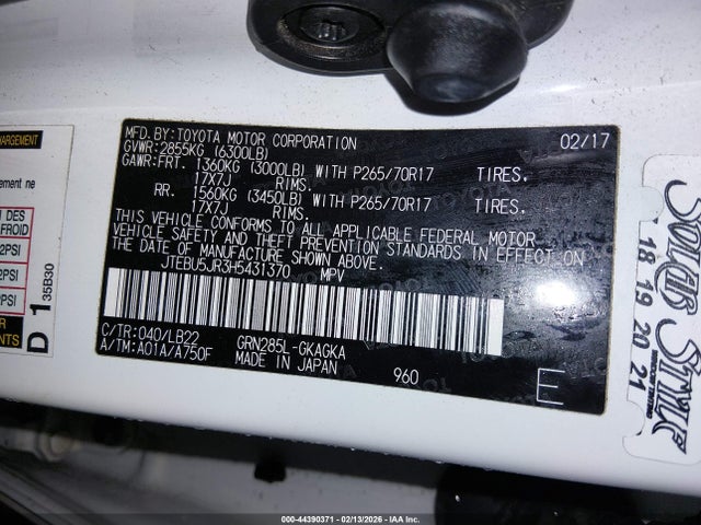 JTEBU5JR3H5431370 Toyota 4runner Sr5 Premium