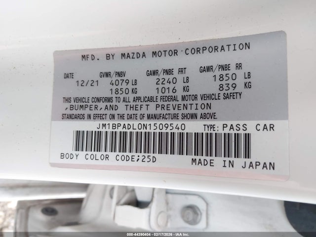 2022 Mazda Mazda3 Premium მანქანა იყიდება აუქციონზე, vin: JM1BPADL0N1509540, აუქციონის ნომერი: 44390404