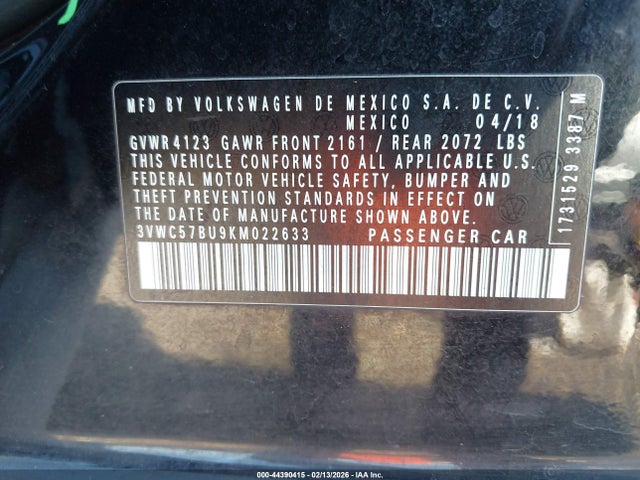 2019 Volkswagen Jetta მანქანა იყიდება აუქციონზე, vin: 3VWC57BU9KM022633, აუქციონის ნომერი: 44390415