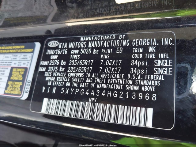 Aukcja sprzedaży 2017 Kia Sorento 2.4l Lx, vin: 5XYPG4A34HG213968, numer aukcji: 44390423