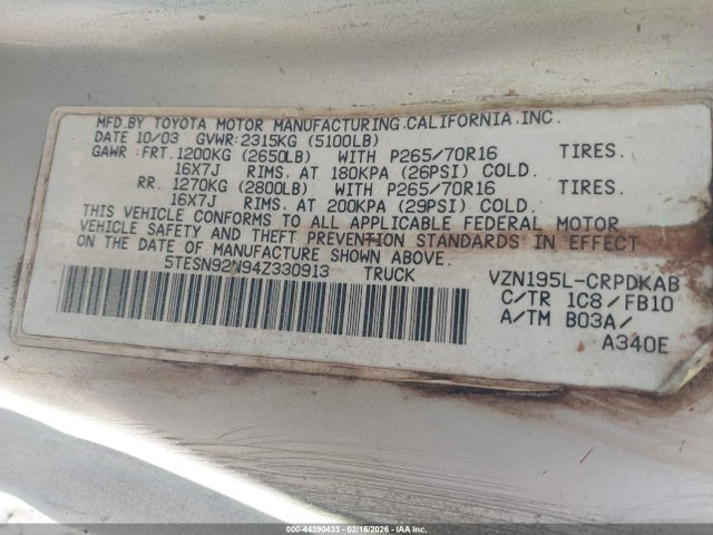 2004 TOYOTA TACOMA 5TESN92N94Z330913 Photo 8