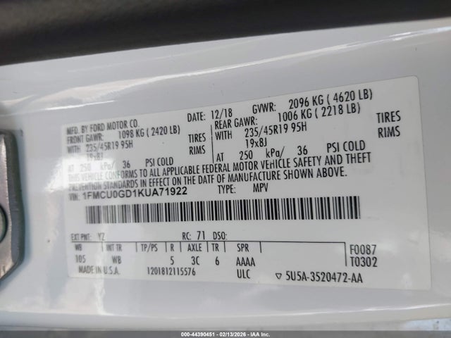 1FMCU0GD1KUA71922 Ford ESCAPE SE