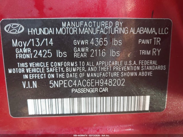 5NPEC4AC6EH948202 Hyundai SONATA SE