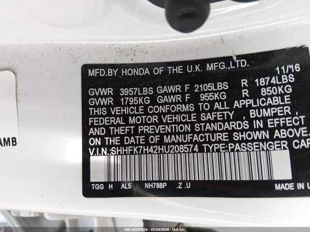 SHHFK7H42HU208574 Honda Civic Sport