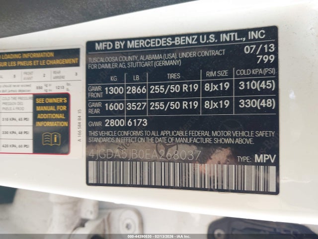 44390530 :رقم المزاد ، 4JGDA5JB0EA268037 vin ، 2014 Mercedes-benz Ml 350 مزاد بيع