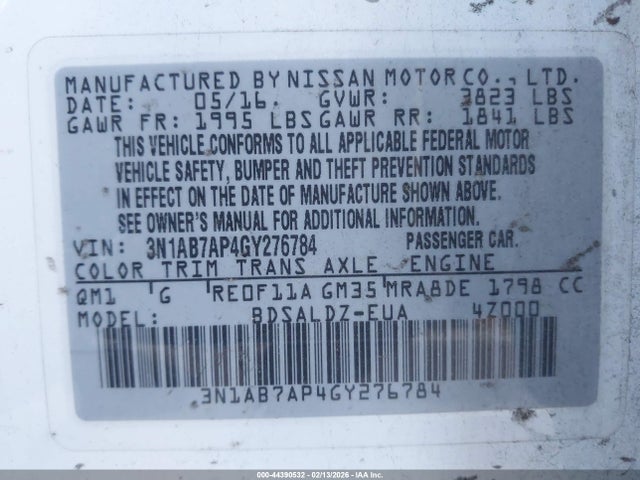 3N1AB7AP4GY276784 Nissan Sentra Fe+ S/s/sl/sr/sv