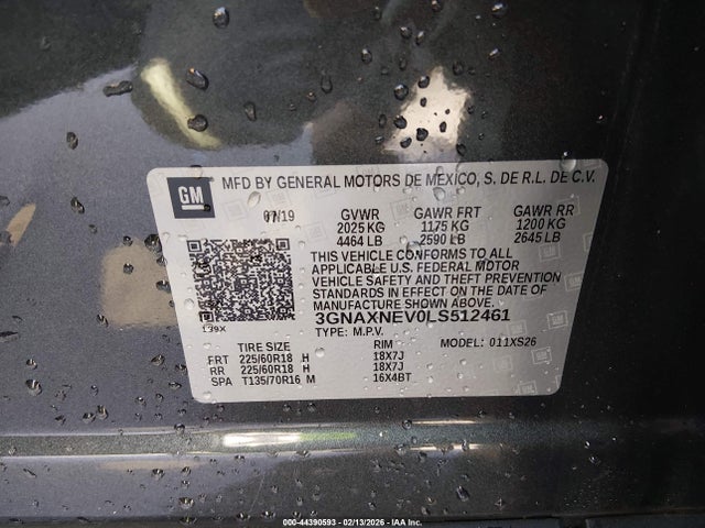 Aukcja sprzedaży 2020 Chevrolet Equinox Fwd Premier 1.5l Turbo, vin: 3GNAXNEV0LS512461, numer aukcji: 44390593