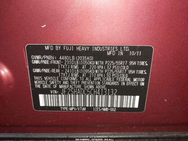 44390652 :رقم المزاد ، JF2SHADC5CH413132 vin ، 2012 Subaru Forester 2.5x Premium مزاد بيع