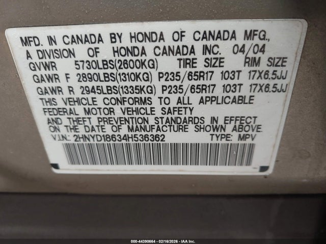Продаж на аукціоні авто 2004 Acura Mdx, vin: 2HNYD18634H536362, номер лоту: 44390664