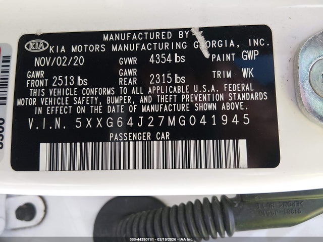 44390781 :رقم المزاد ، 5XXG64J27MG041945 vin ، 2021 Kia K5 Gt-line مزاد بيع