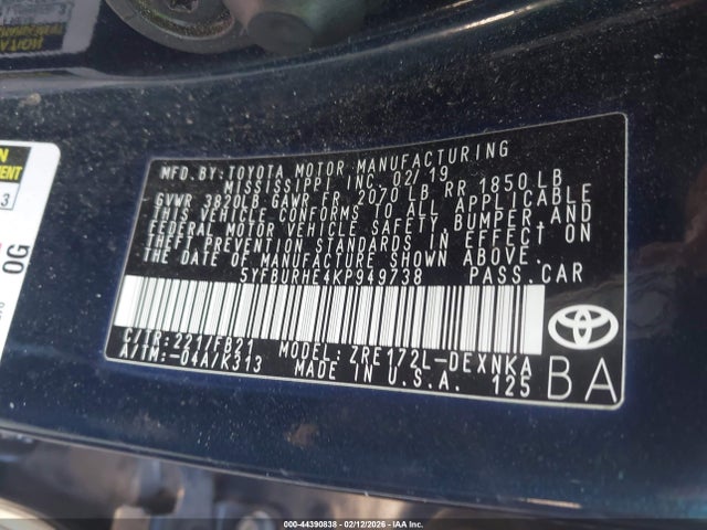 5YFBURHE4KP949738 Toyota COROLLA LE