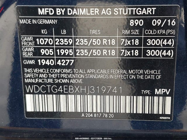 WDCTG4EBXHJ319741 Mercedes-Benz GLA 250