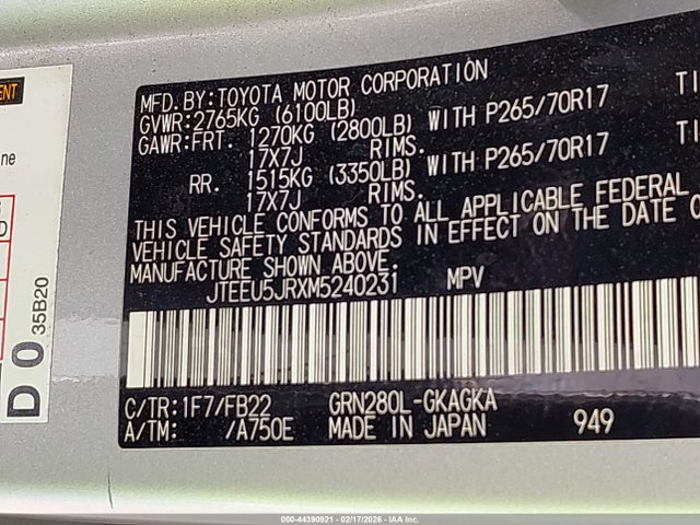 44390921 :رقم المزاد ، JTEEU5JRXM5240231 vin ، 2021 Toyota 4runner Sr5 مزاد بيع