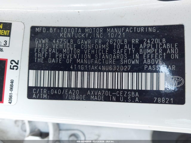 Aukcja sprzedaży 2022 Toyota Camry Se, vin: 4T1G11AK4NU632027, numer aukcji: 44390959