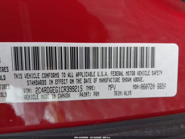 44390966 :رقم المزاد ، 2C4RDGEG1CR399215 vin ، 2012 Dodge Grand Caravan R/t مزاد بيع