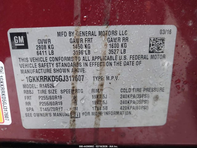 Aukcja sprzedaży 2016 Gmc Acadia Slt-1, vin: 1GKKRRKD5GJ317607, numer aukcji: 44390992