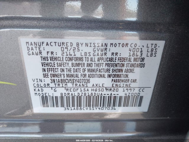 Продаж на аукціоні авто 2025 Nissan Sentra Sv, vin: 3N1AB8CV5SY407036, номер лоту: 44391000