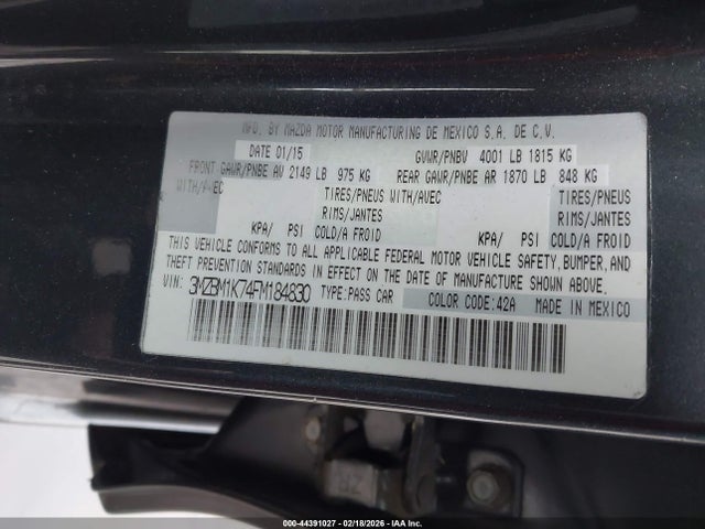 44391027 :رقم المزاد ، 3MZBM1K74FM184830 vin ، 2015 Mazda Mazda3 I Sport مزاد بيع