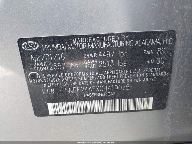 5NPE24AFXGH419075 Hyundai Sonata