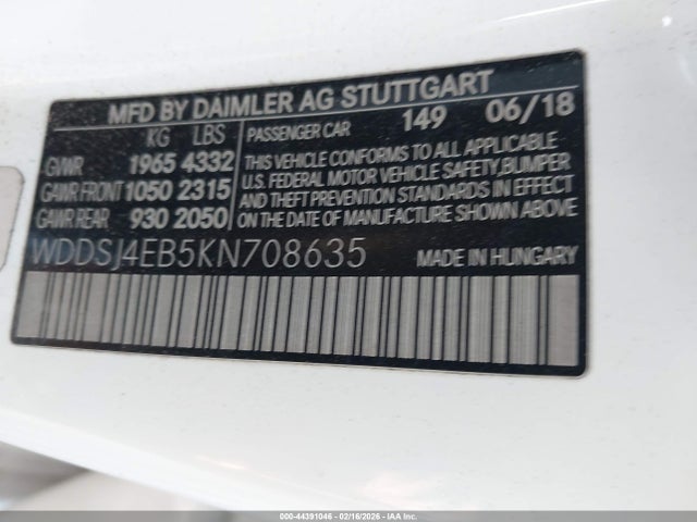 44391046 :رقم المزاد ، WDDSJ4EB5KN708635 vin ، 2019 Mercedes-benz Cla 250 مزاد بيع