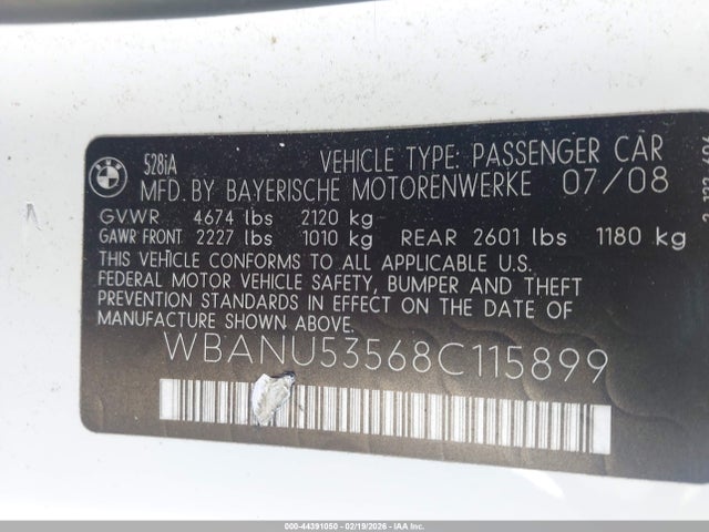 2008 Bmw 528i მანქანა იყიდება აუქციონზე, vin: WBANU53568C115899, აუქციონის ნომერი: 44391050