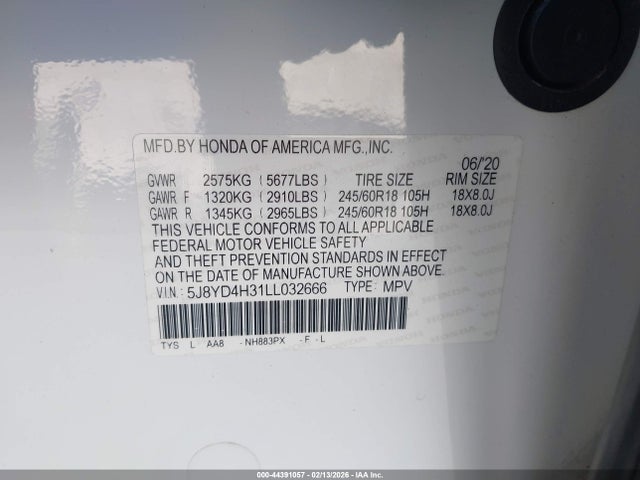 44391057 :رقم المزاد ، 5J8YD4H31LL032666 vin ، 2020 Acura Mdx Standard مزاد بيع