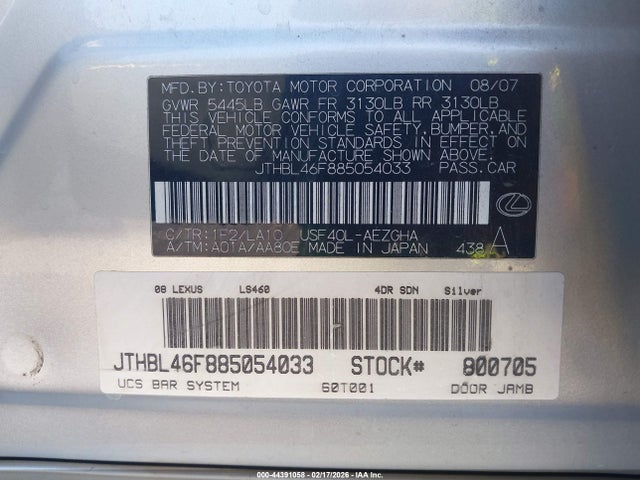 44391058 :رقم المزاد ، JTHBL46F885054033 vin ، 2008 Lexus Ls 460 مزاد بيع