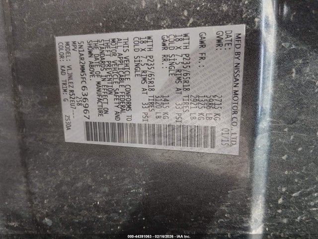 5N1AR2MM5FC636967 Nissan Pathfinder Platinum/s/sl/sv