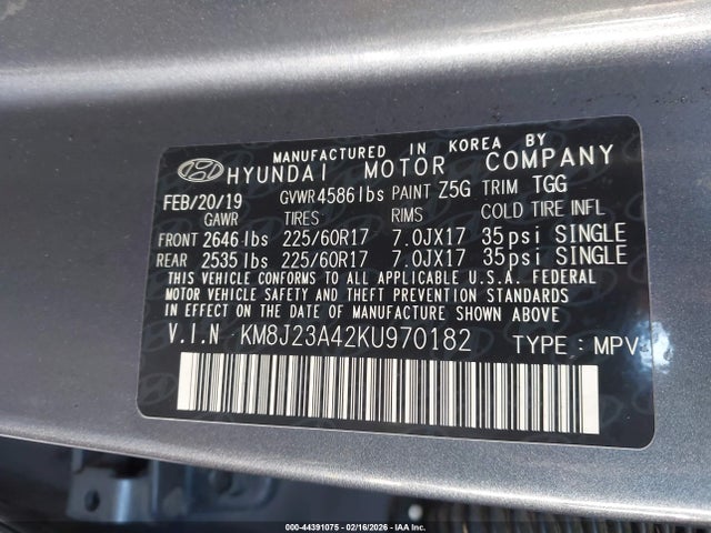 Aukcja sprzedaży 2019 Hyundai Tucson Se, vin: KM8J23A42KU970182, numer aukcji: 44391075