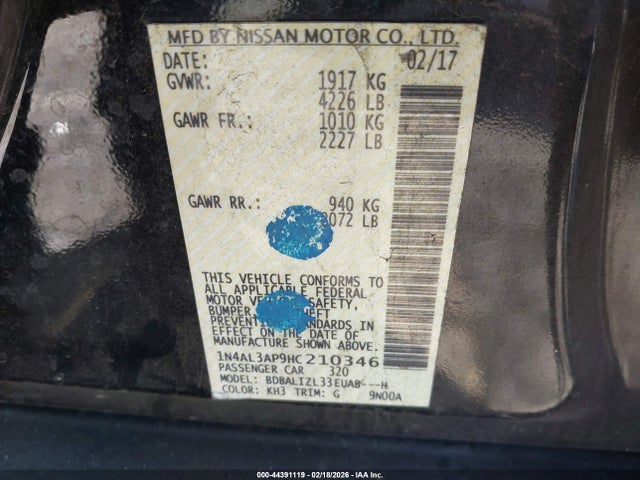 1N4AL3AP9HC210346 Nissan Altima 2.5 Sv